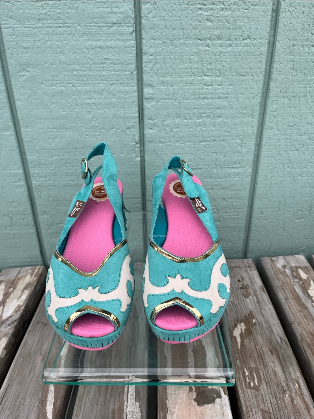 Turquoise and Pink Peep-Toe Slingback Sandals with Gold Trim